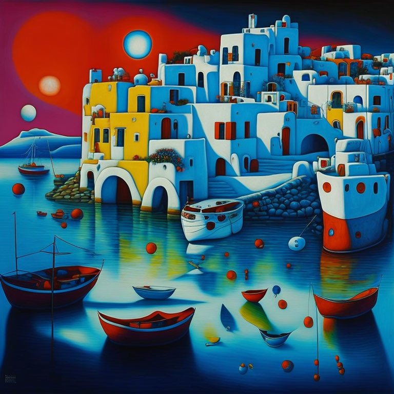 Vibrant surreal coastal village painting with curvy buildings and red sun