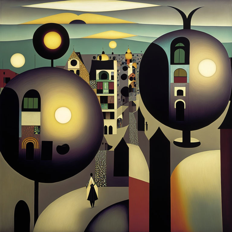 Surreal painting with oversized spheres, tiny figure, buildings, and stylized landscape