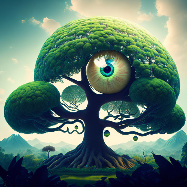 Surreal illustration of giant tree with realistic eye in lush landscape