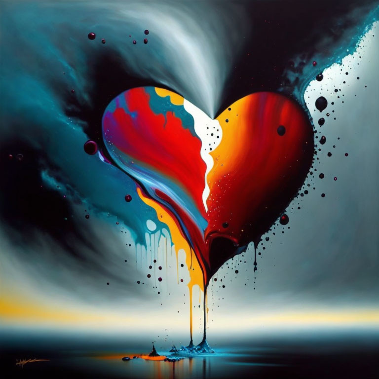 Colorful heart melting into drips on black and blue abstract background