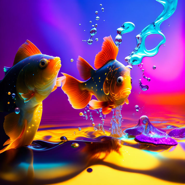 Colorful Abstract Art with Goldfish and Glittering Octopus