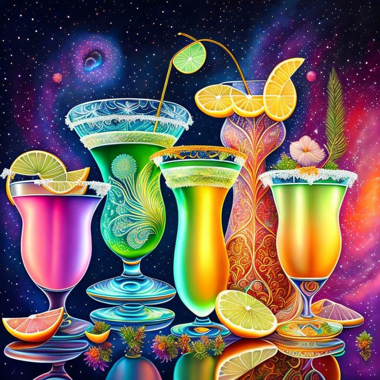 Colorful Citrus Cocktails on Cosmic Background