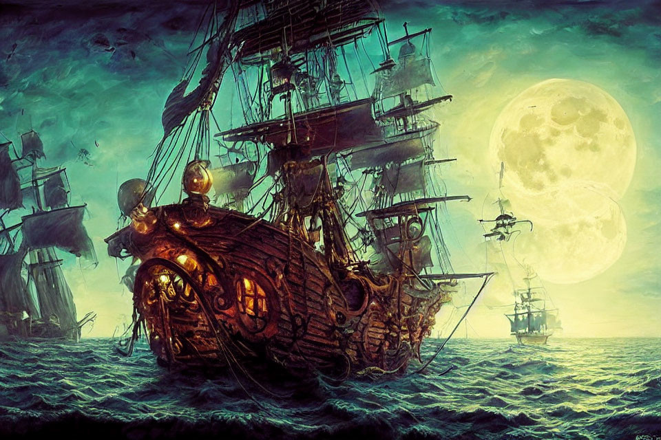 Ghostly pirate ships under full moon on turbulent sea