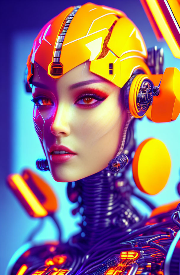 Female cyborg with yellow helmet and glowing orange accents on blue background