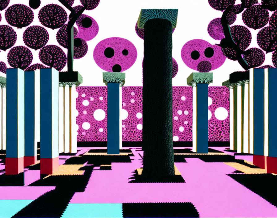 Colorful digital artwork: Patterned landscape with pink polka-dotted trees, striped pillars, and