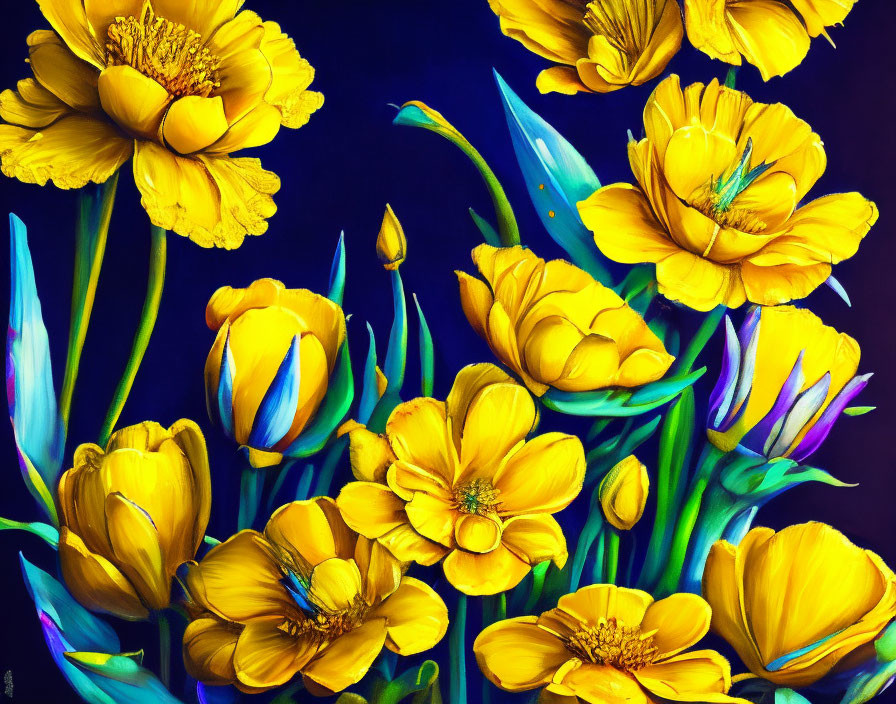 Bright yellow flowers on dark background: Vibrant poppies with lush green stems.