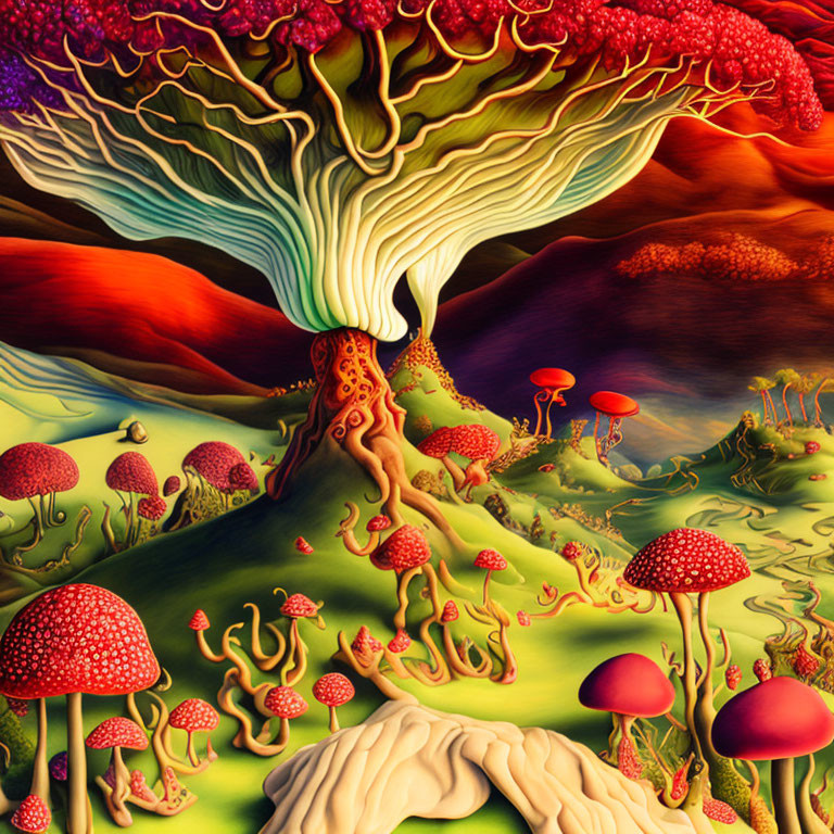 Colorful Psychedelic Landscape with Tree and Mushrooms