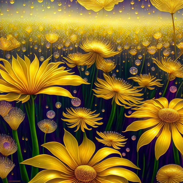 Digital Artwork: Yellow Daisies in Enchanted, Glowing Setting