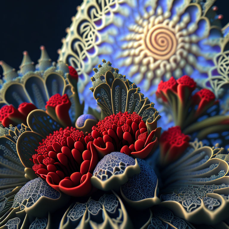 Fractal-Based 3D Illustration: Red, Blue, Gold Patterns