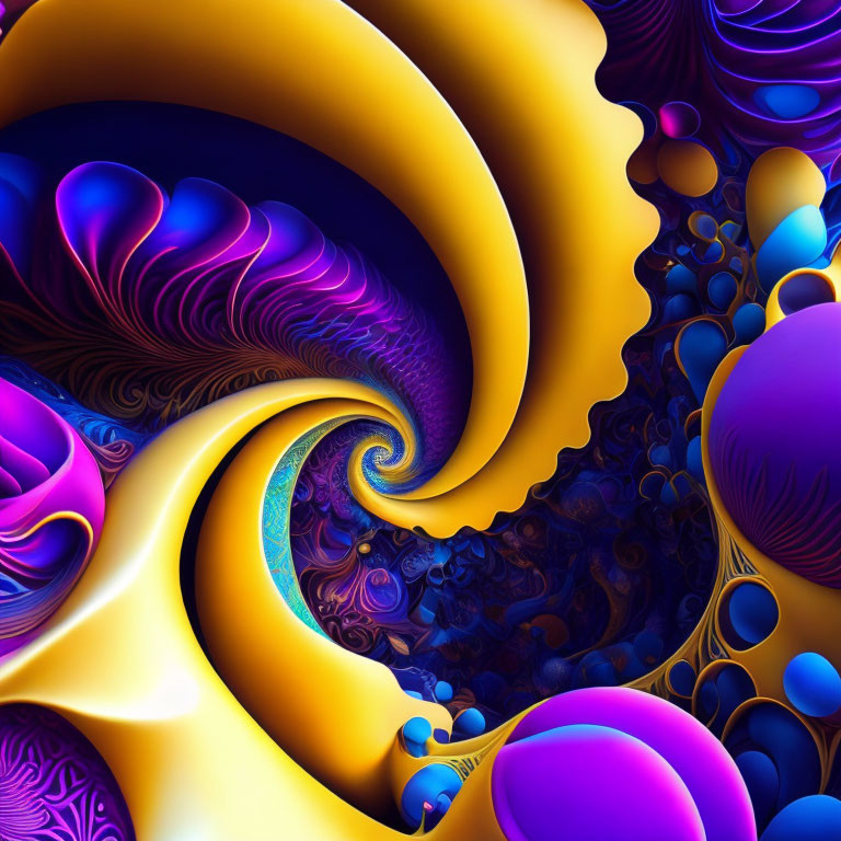 Colorful fractal spiral with purple and gold hues and intricate patterns