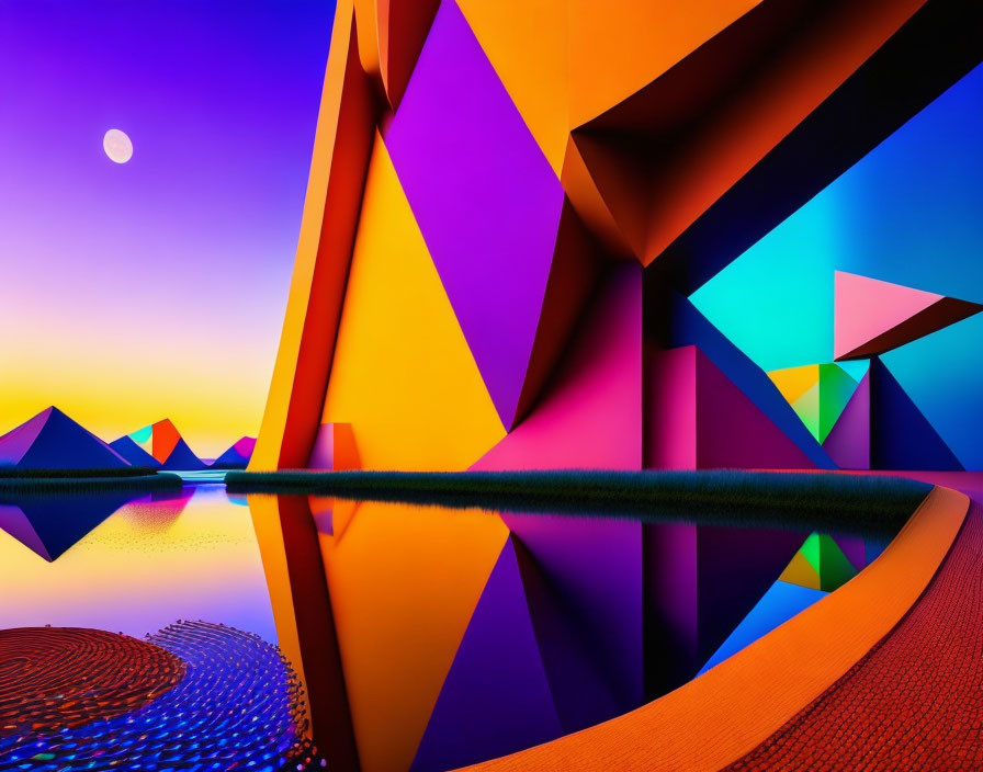 Colorful Abstract Geometric Landscape with Mountains and Moon