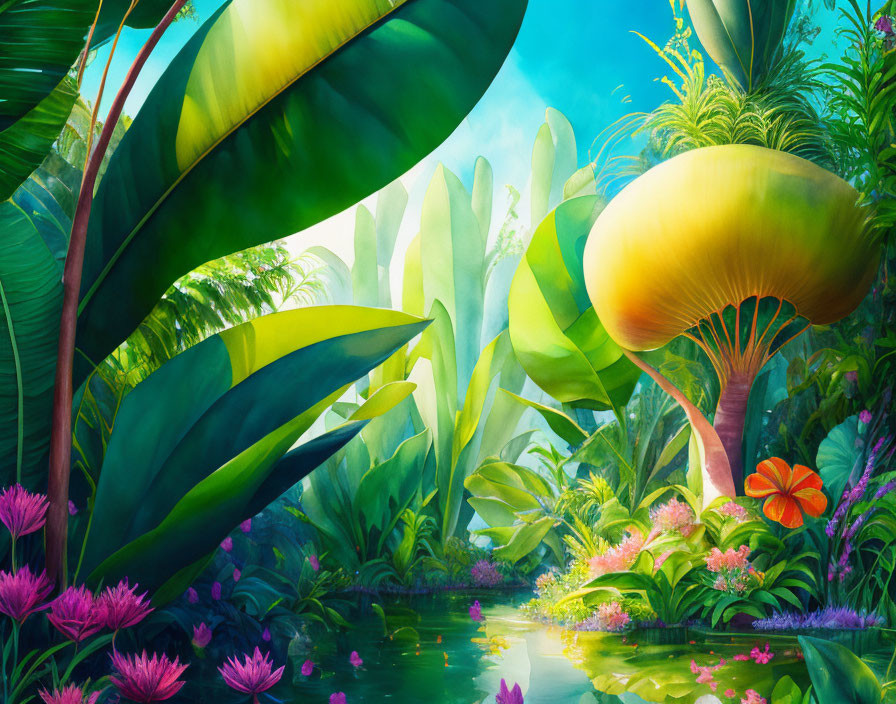 Fantastical jungle scene with oversized mushrooms, lush foliage, blooming flowers, and tranquil pond.