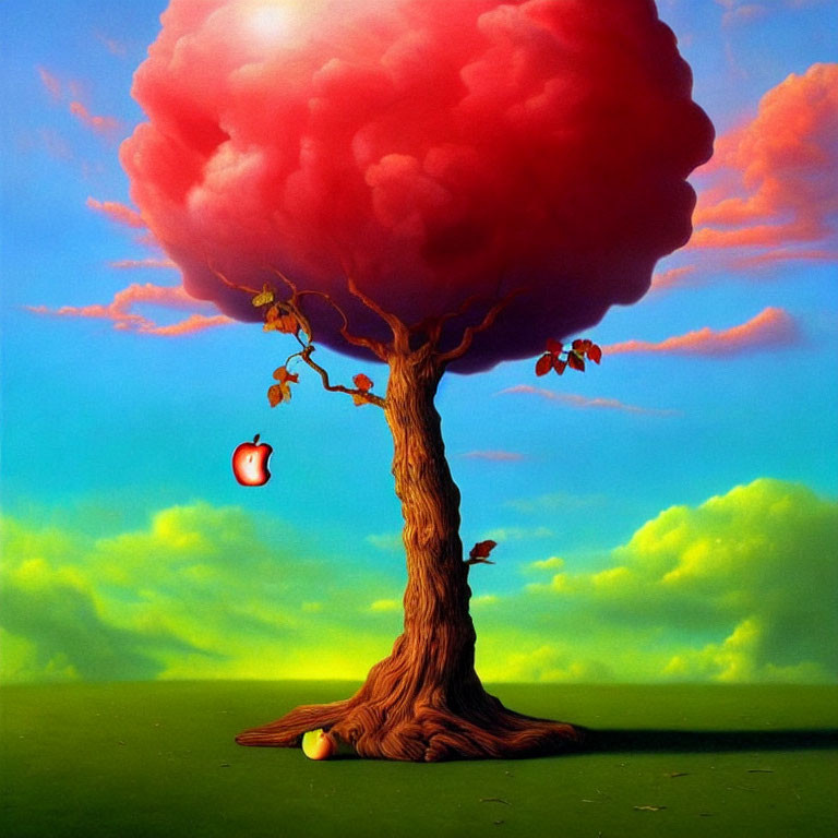 Tree painting with red cloud-like canopy and apples on ground