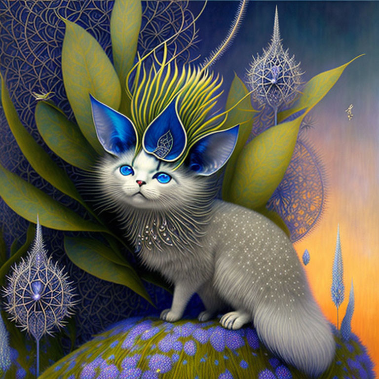 Fantastical blue-eyed kitten with feather-like antenna in whimsical setting