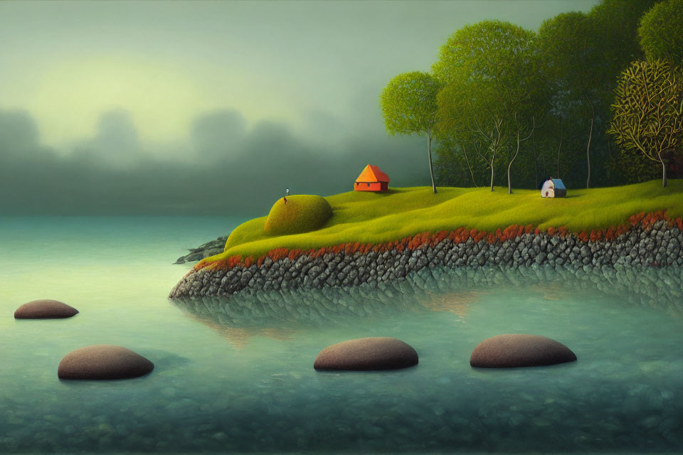 Surreal landscape with calm lake, vibrant tent, round hill, and misty background