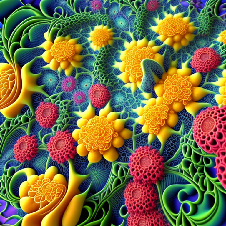 Vibrant fractal pattern with intricate shapes in green, blue, yellow, and pink