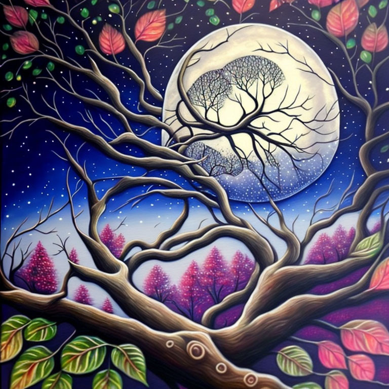 Twisting tree branches painting with full moon and starry night sky