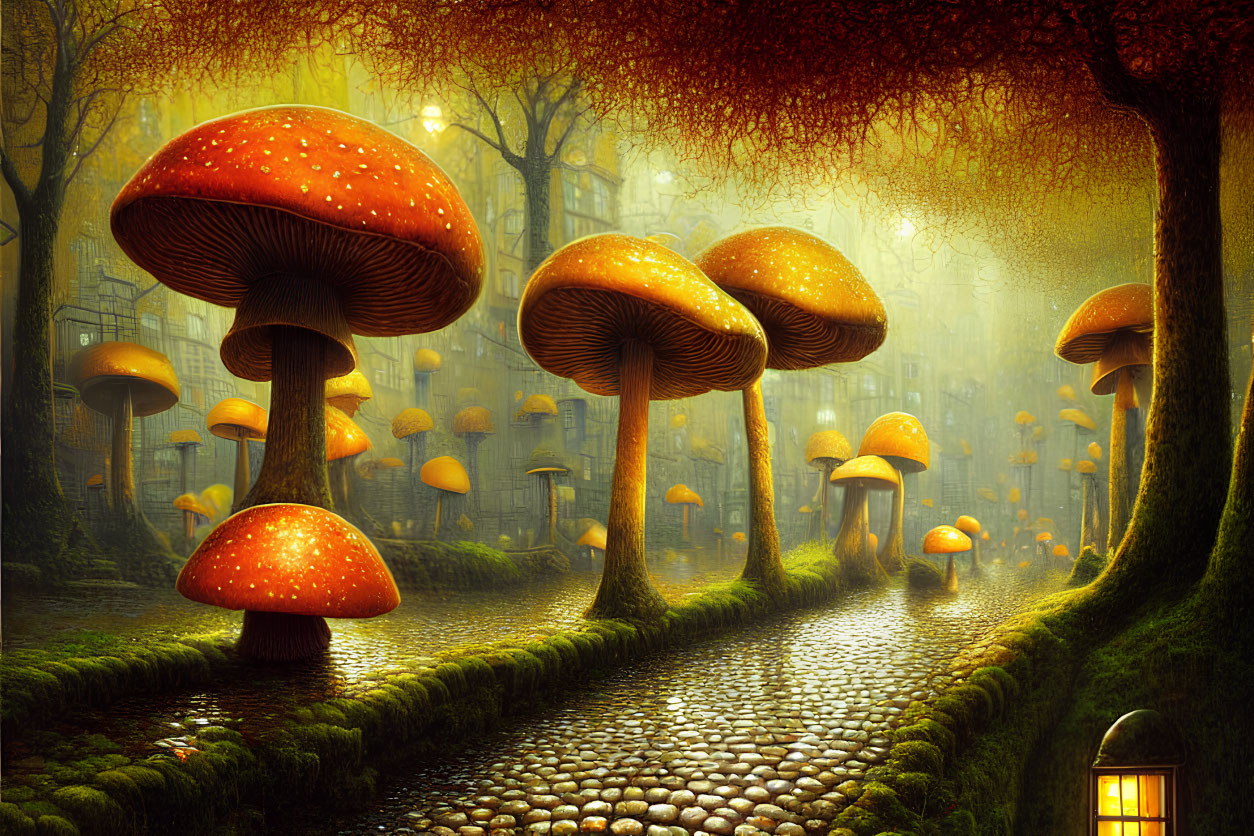 Enchanted forest path with glowing mushrooms and mystical cityscape