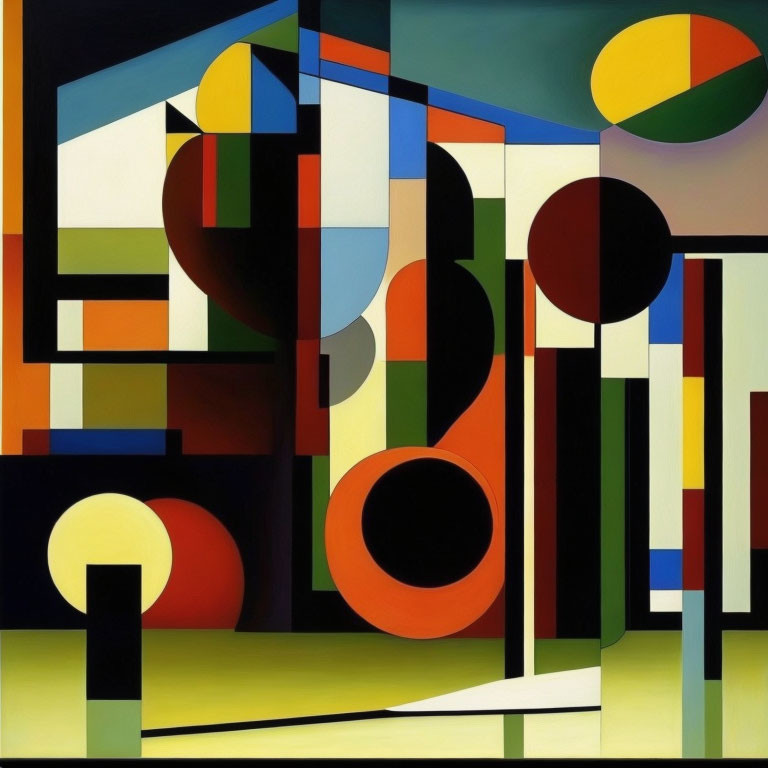 Colorful Geometric Abstract Painting with Rectangles, Circles, and Lines