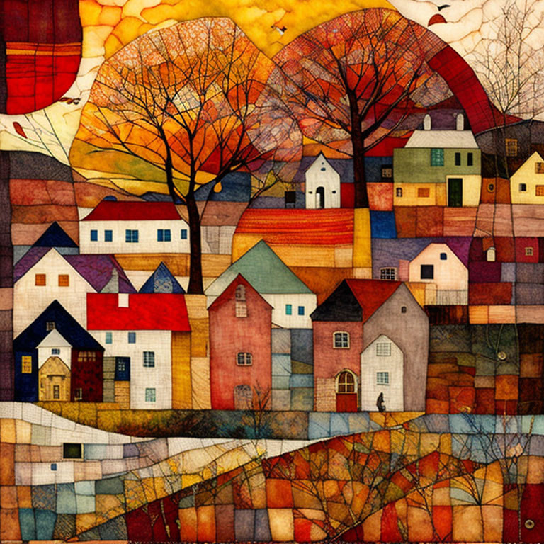 Colorful Houses and Trees in Vibrant Quilt-Like Landscape