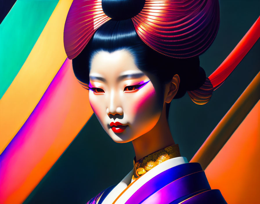 Vibrant digital art of stylized woman with colorful hair and makeup