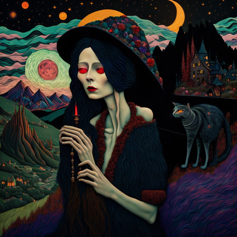 Illustrated woman with red eyes in vibrant nocturnal landscape with cat and castle.