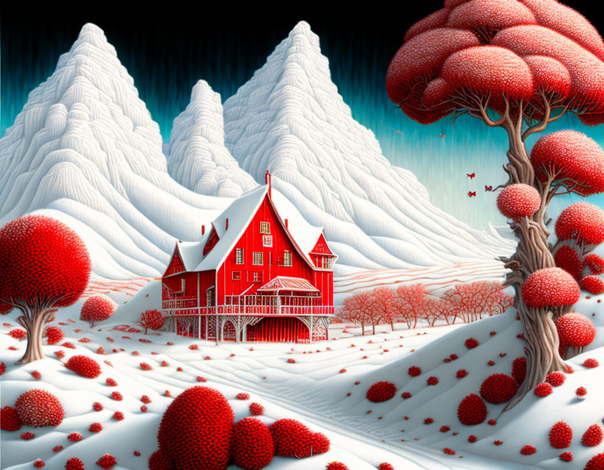 Surreal red house in snowy landscape with unique red trees