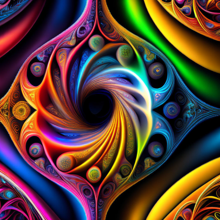 Colorful Fractal Image with Swirling Vortex and Spiral Patterns in Blue, Orange, and Purple