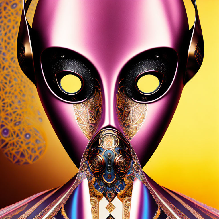 Colorful Alien Face with Black Eyes and Gold Patterns on Yellow Background