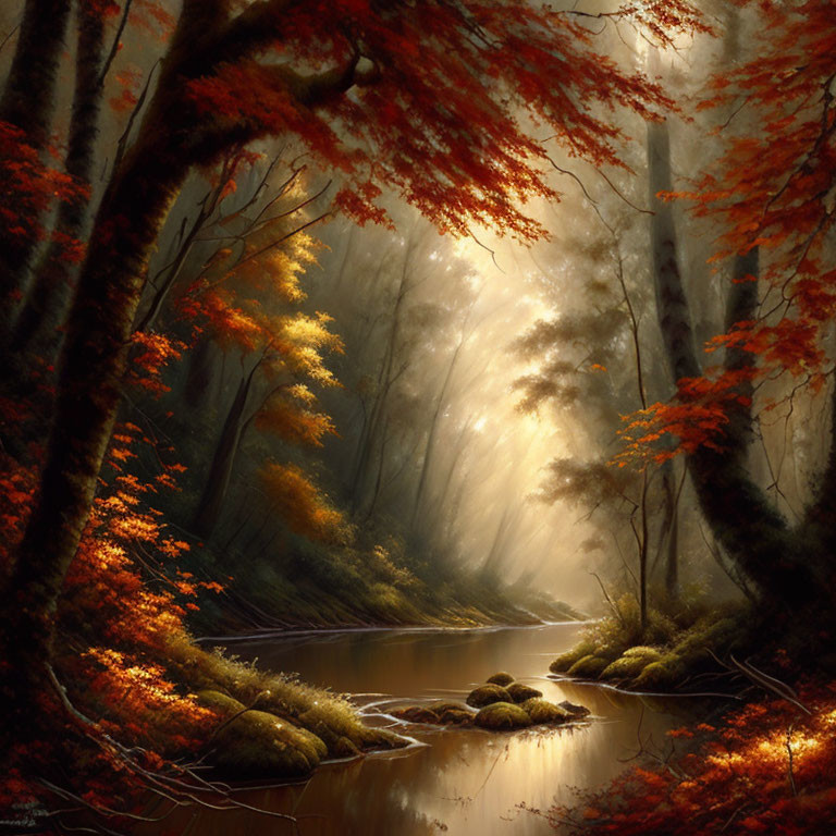 Tranquil autumn forest scene with meandering stream and vibrant red leaves