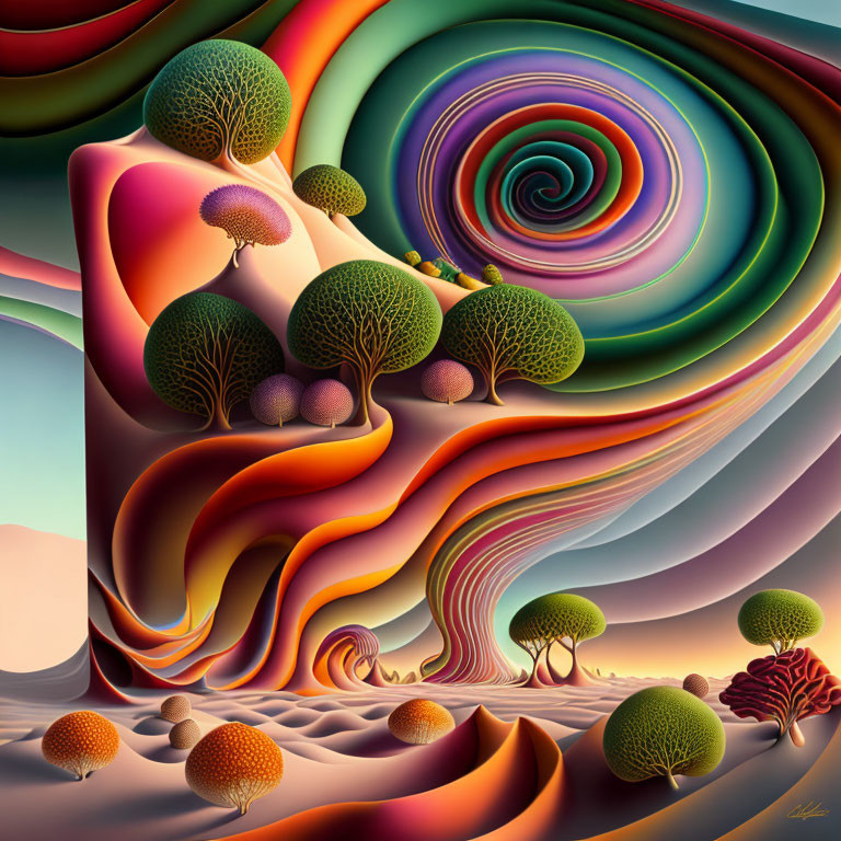 Vibrant surreal landscape with swirling patterns and stylized trees