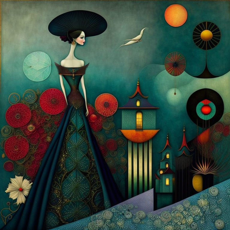 Colorful artwork: Woman in elegant dress with pagoda landscape, vibrant circles, bird in dreamlike