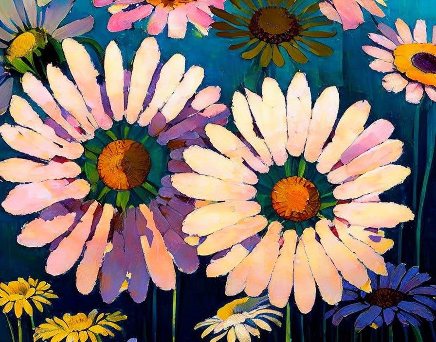 Vibrant stylized daisies in pink, yellow, and blue on dark backdrop