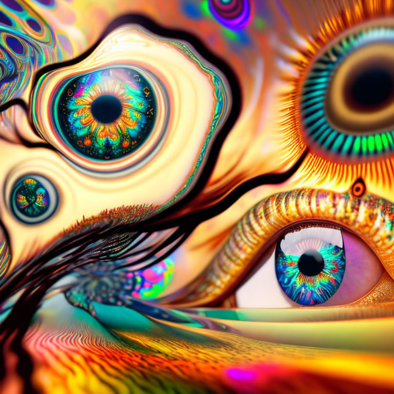 Vivid Abstract Digital Artwork with Swirling Patterns and Detailed Eye