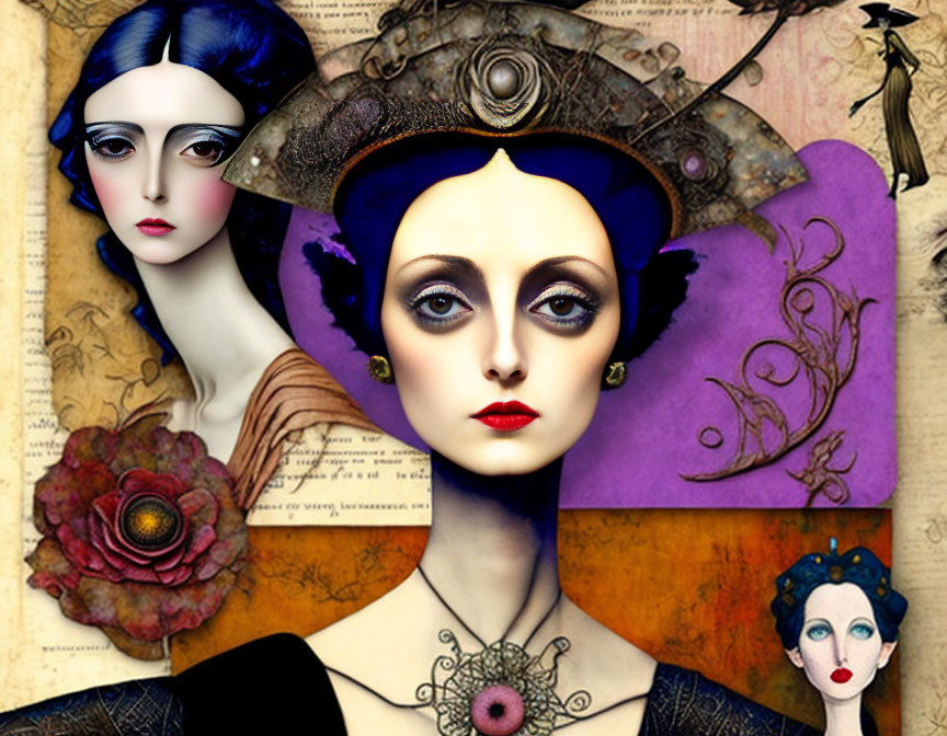 Colorful surreal collage of women's faces with vintage makeup and elements