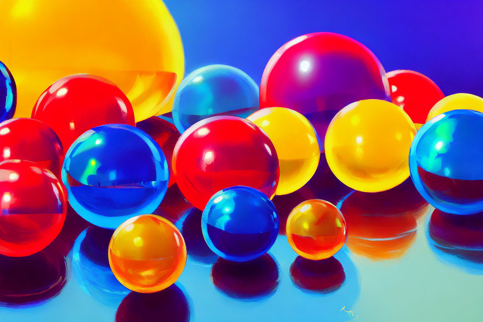 Multicolored Glossy Spheres on Blue Background with Yellow Sphere