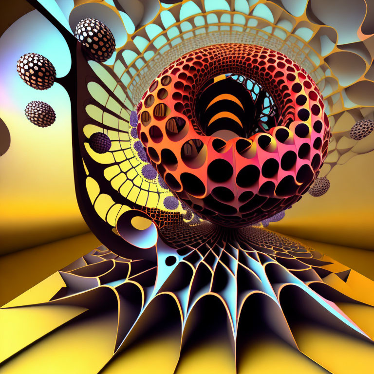 Colorful Digital Fractal Art: Swirling Patterns & Geometric Shapes in Black, Orange, and