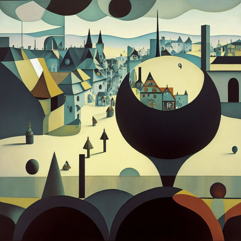 Surreal painting of stylized landscape with geometric shapes