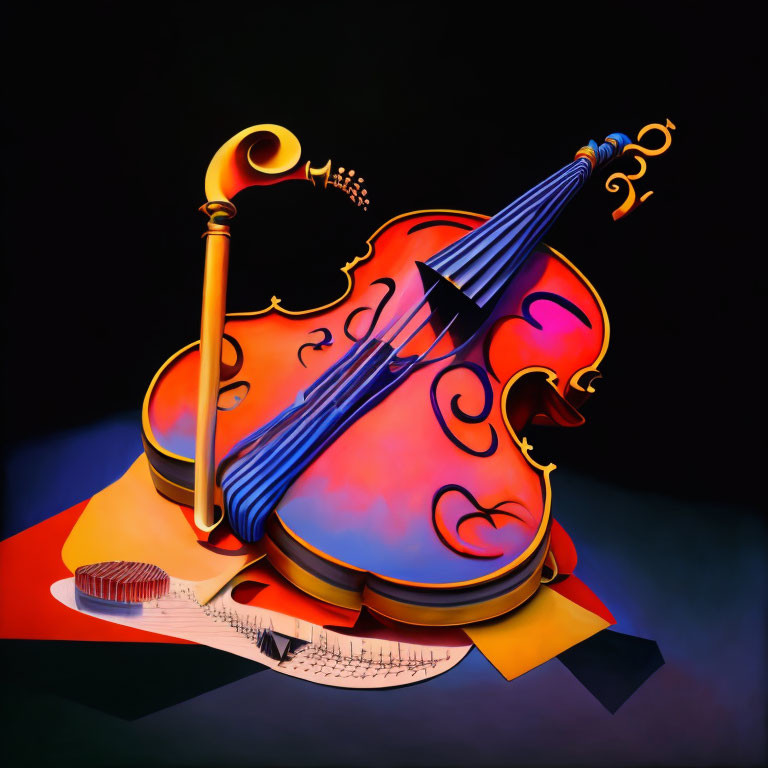 Colorful surreal illustration: violin on music sheets with flowing design