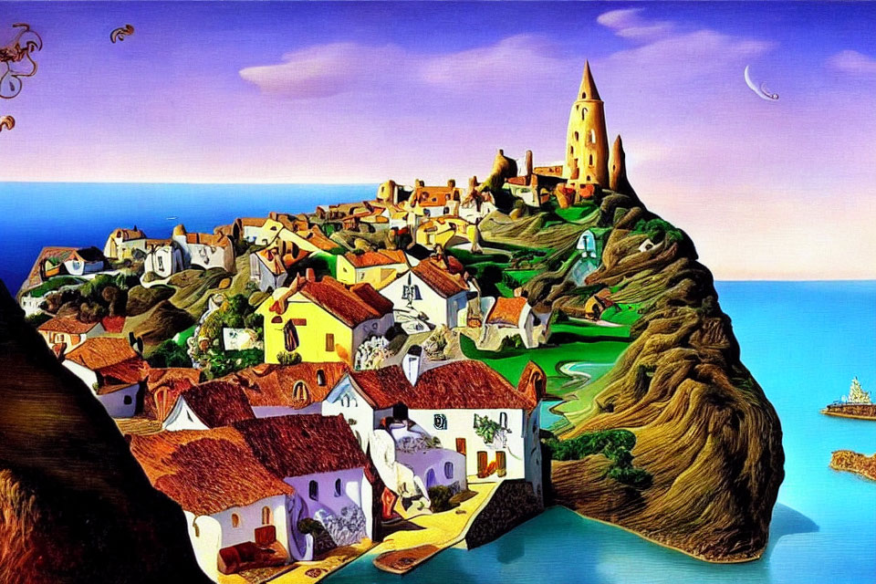 Whimsical painting of vibrant cliffside village overlooking calm sea