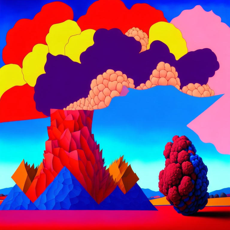 Colorful volcanic eruption illustration with abstract shapes against blue sky