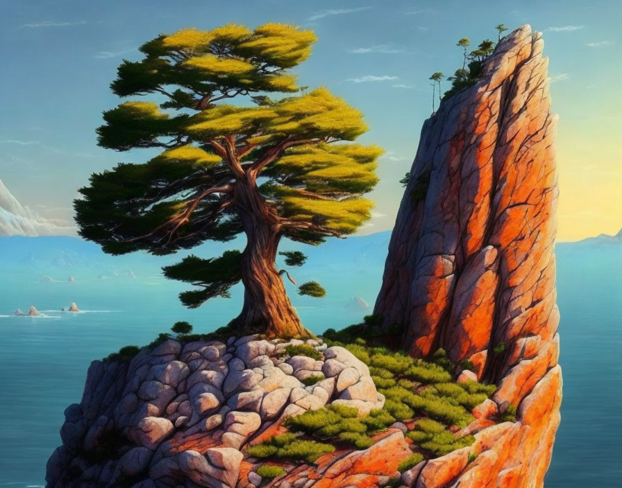 Majestic tree on rugged cliff by calm sea with smaller trees on rocky outcrops