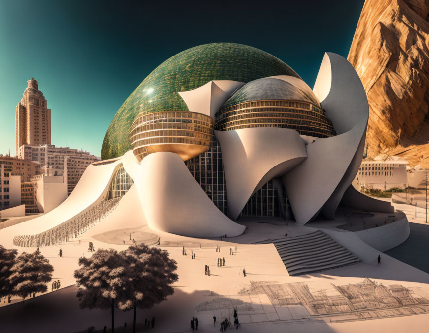 Futuristic green-domed building with curved white walls