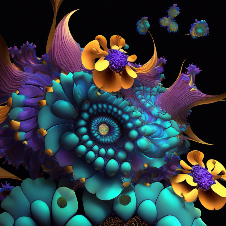 Colorful fractal flower art in blue, purple, and gold hues