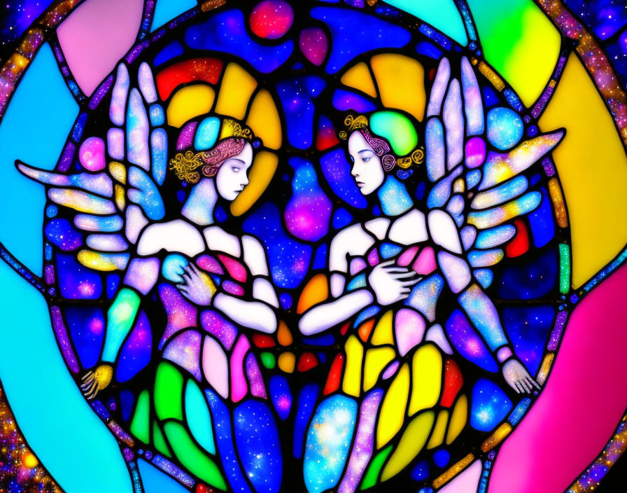 Vibrant stained glass art of two angels with outspread wings