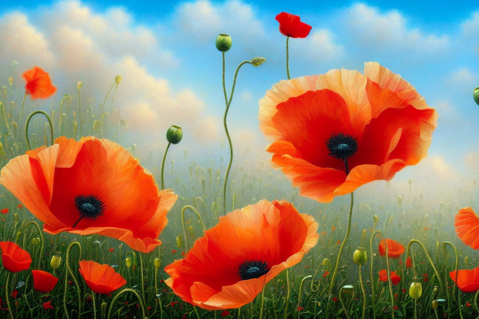 Beautiful Red Poppies Field Under Blue Sky with White Clouds