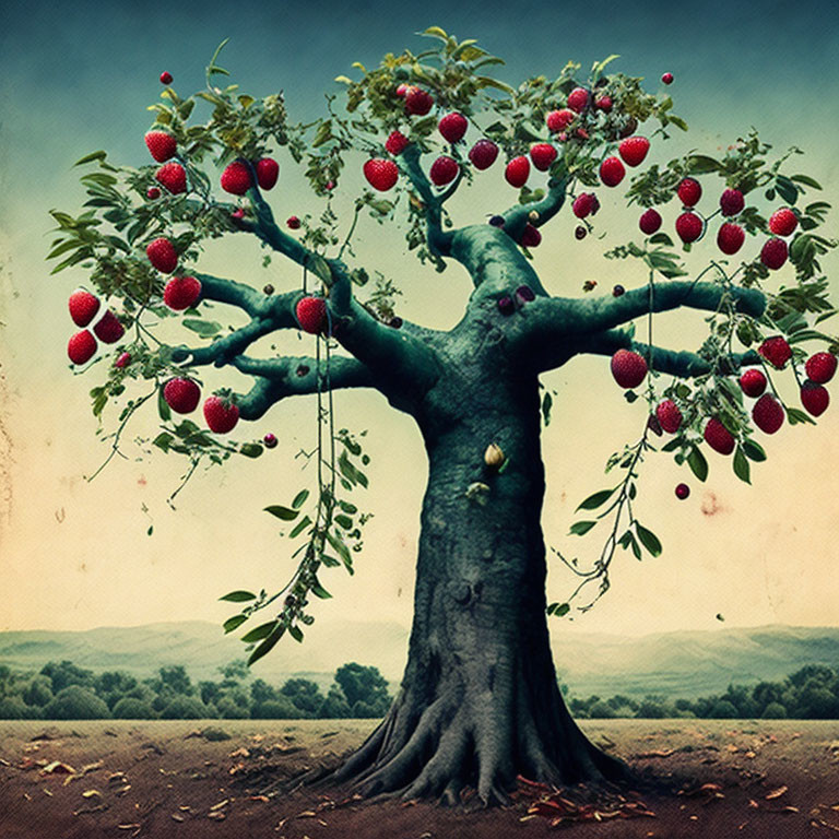 Surreal tree with large strawberries in pastoral landscape