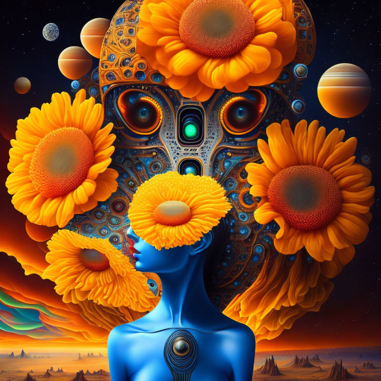 Blue-skinned figure with sunflower hair in cosmic orb on starry sky