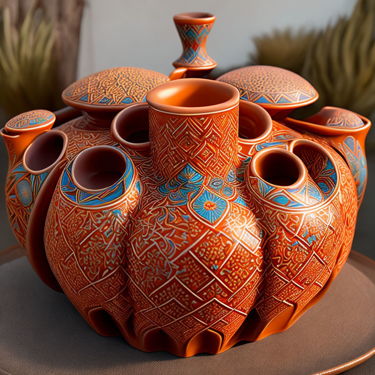 Intricately Patterned Terracotta Teapot with Multiple Spouts and Handles