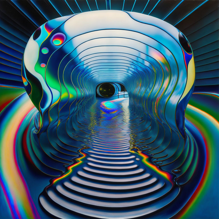 Vibrant abstract artwork with wave patterns and spherical object in center